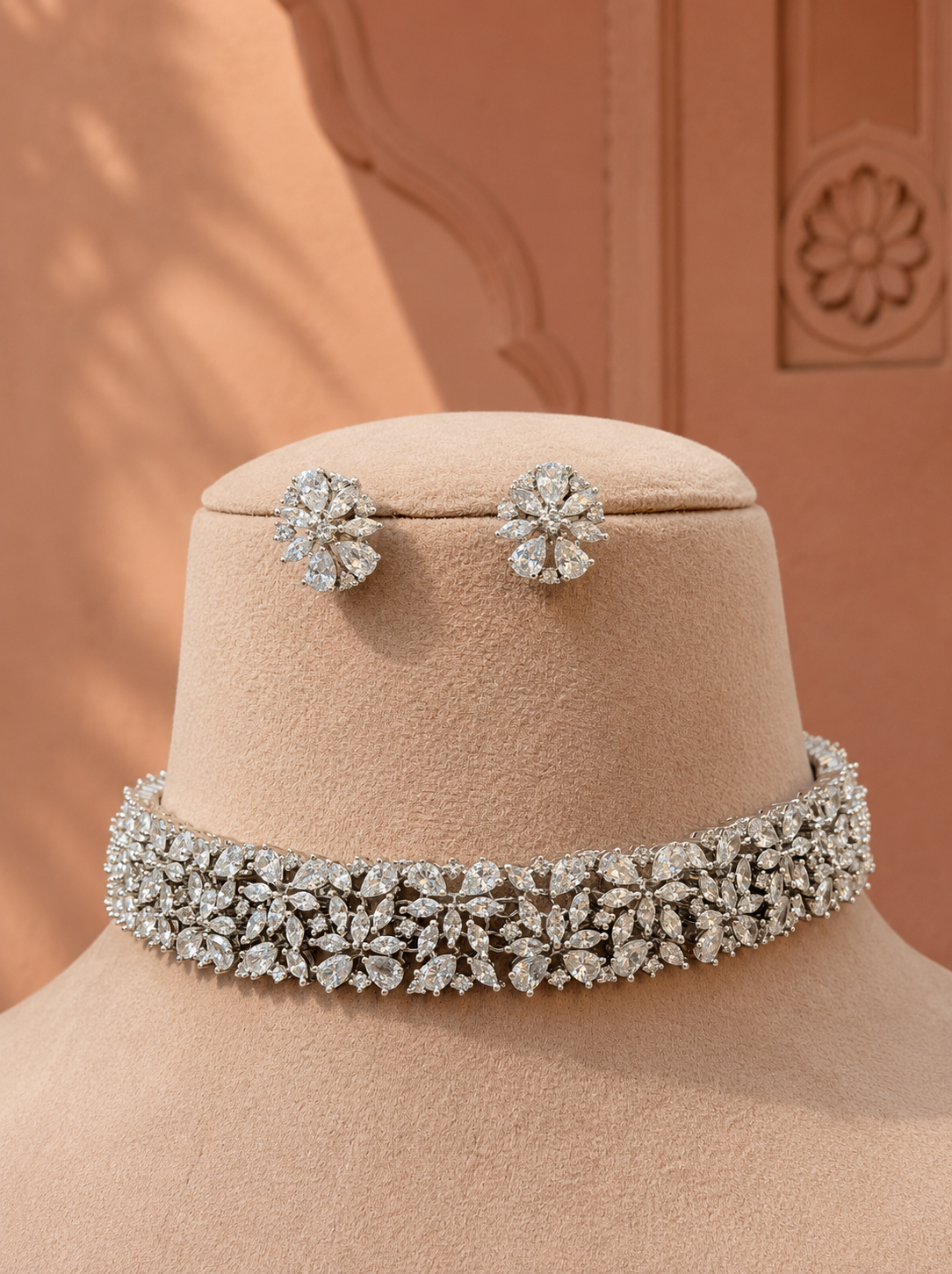 Poorna American Diamond Choker Necklace Set for Women for Festive and Wedding Wear