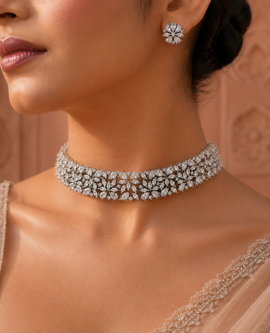 Poorna American Diamond Choker Necklace Set for Women for Festive and Wedding Wear