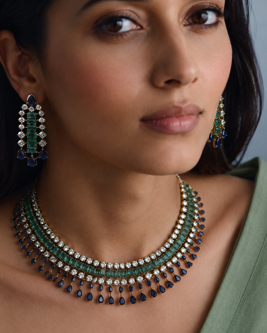 Karina Blue Green American Diamond Necklace Set for Women for Festive and Bridal Wear