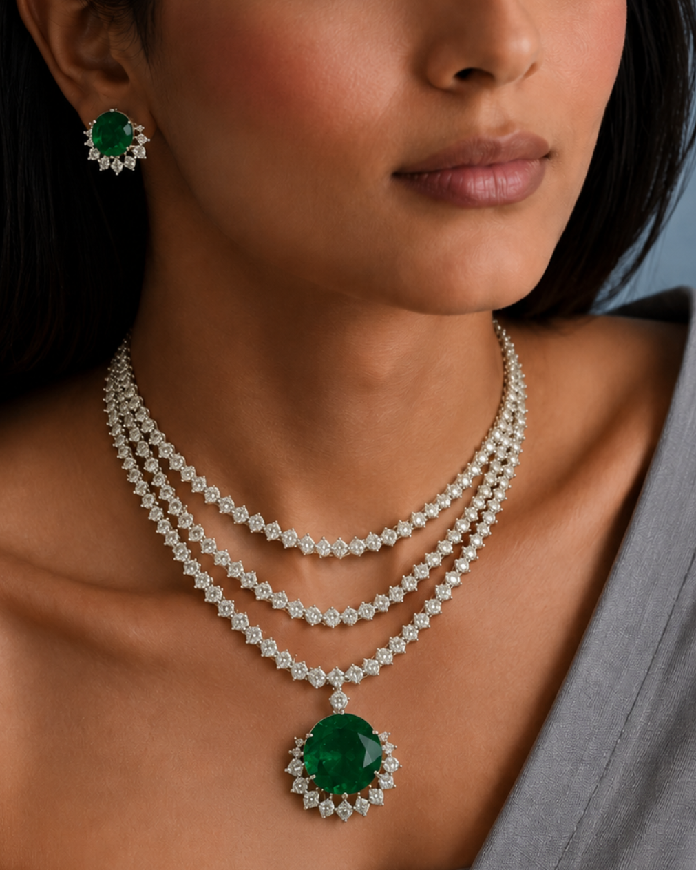 Sarina American Diamond Layered Necklace with Emerald Set for Women for Festive and Wedding Wear