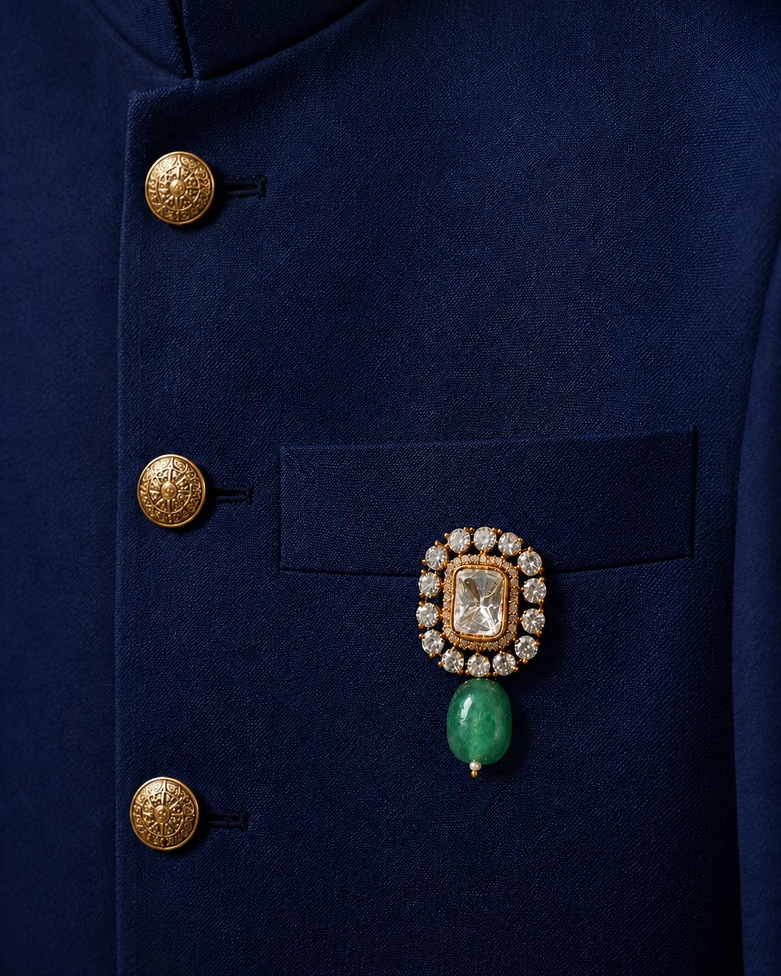 Samrat Men's Brooch – Emerald Green &  Polki Stones for Wedding & Festive Wear