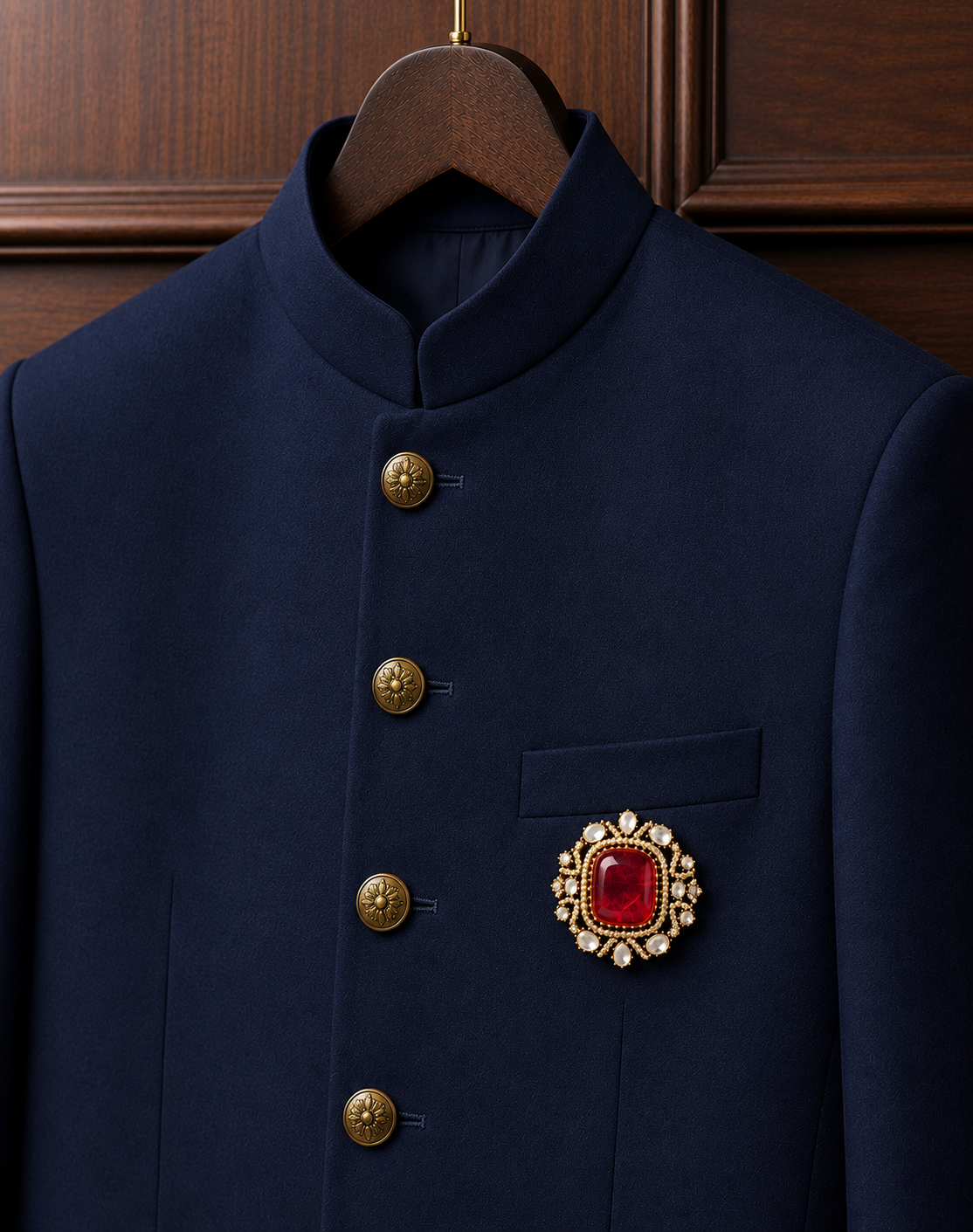 Arjun Men's Ruby Brooch – Ruby Red & Polki Stones for Wedding & Festive Wear