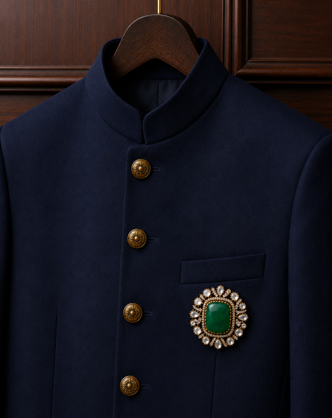 Arjun Men's Emerald Brooch – Emerald Green & Polki Stones for Wedding & Festive Wear