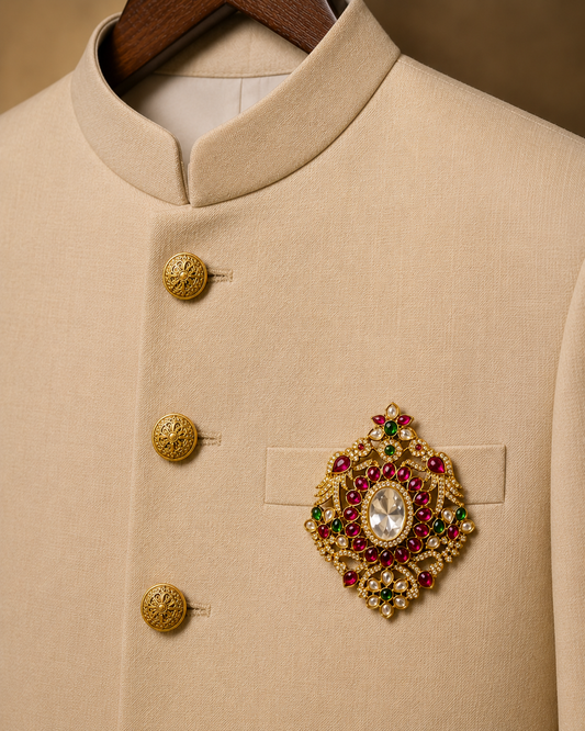 Moksha Men's Polki Brooch – Emerald Green & Ruby Red Stones for Wedding & Festive Wear
