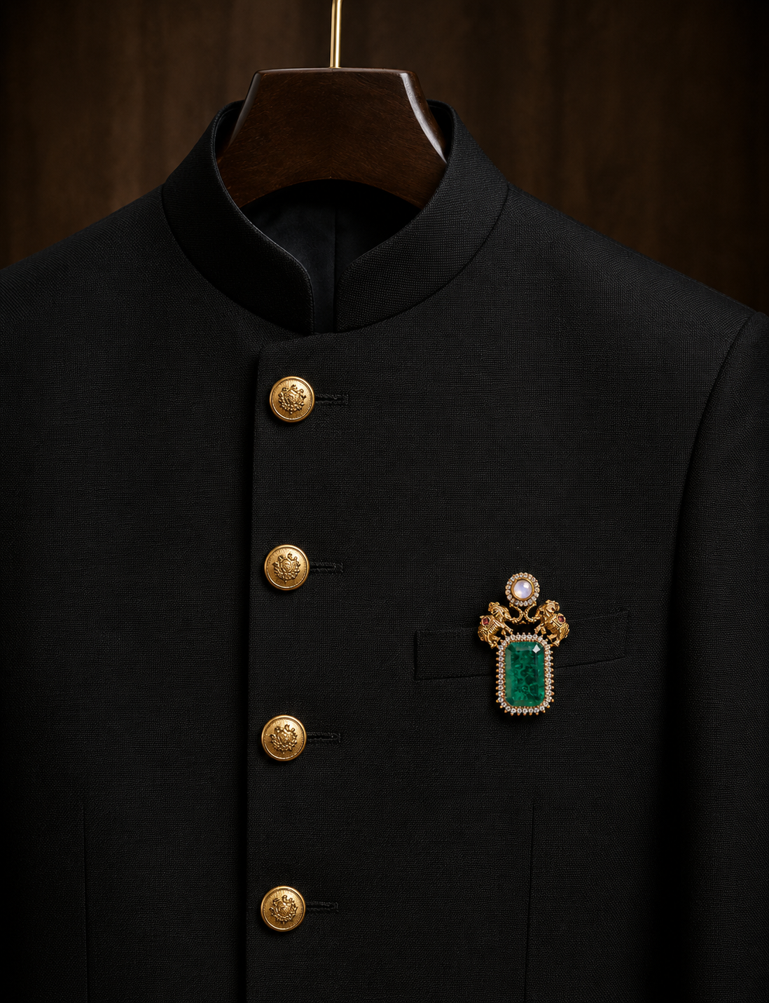 Digvijay Men's Elephant Brooch – Emerald Green & Polki Stones for Wedding & Festive Wear