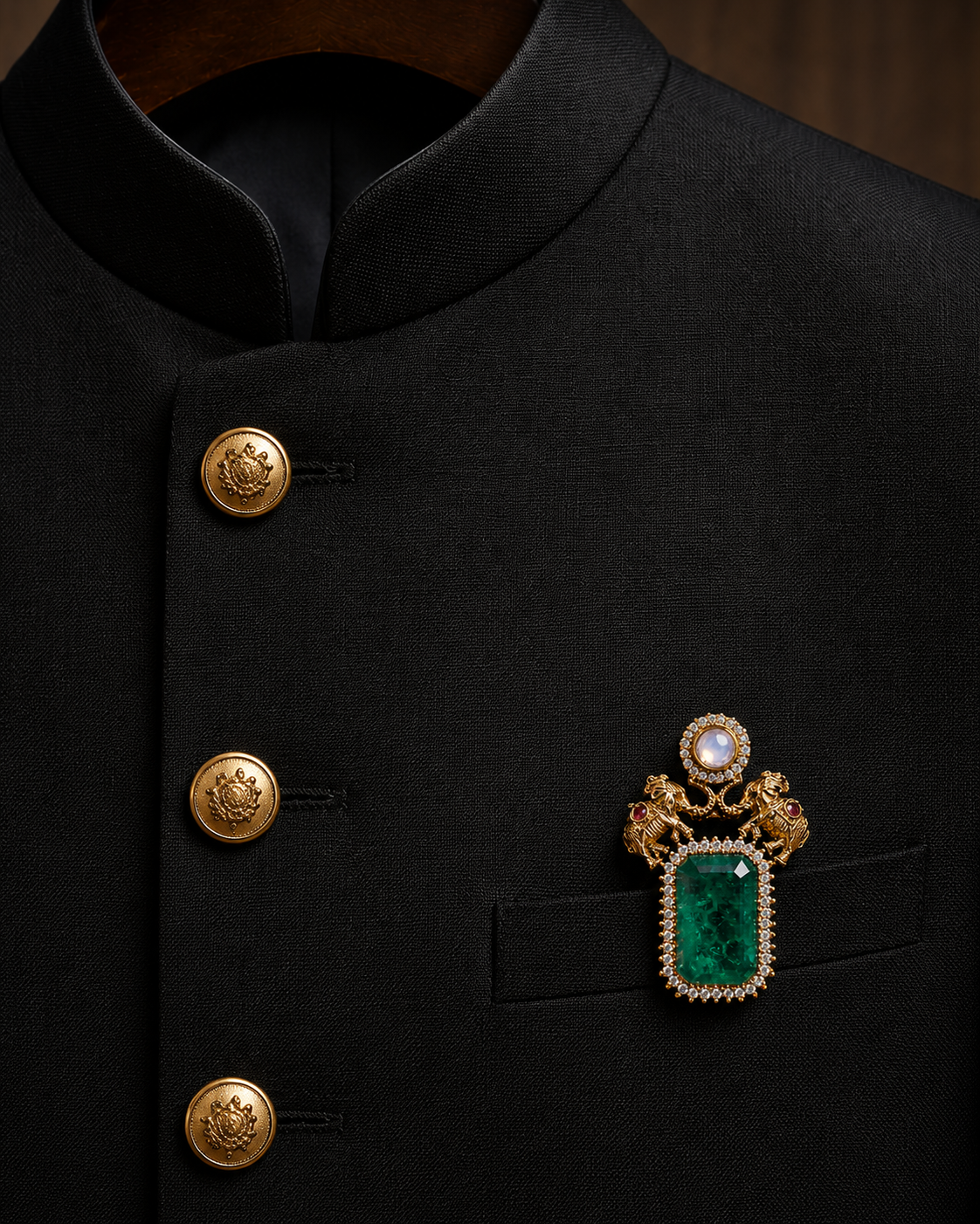 Digvijay Men's Elephant Brooch – Emerald Green & Polki Stones for Wedding & Festive Wear