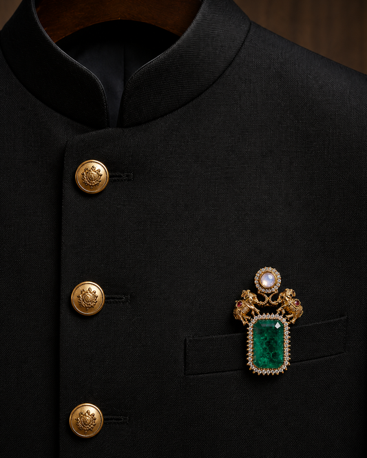 Digvijay Men's Elephant Brooch – Emerald Green & Polki Stones for Wedding & Festive Wear