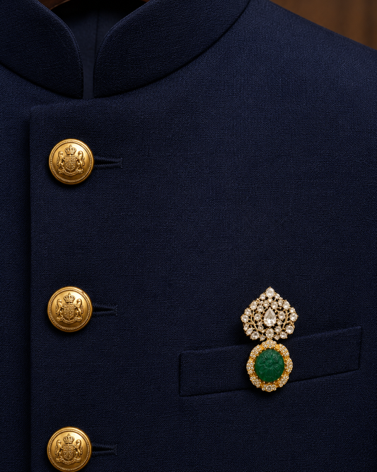 Sugreev Mens Brooch- Polki & Emerald Stone for Wedding and Festive Wear