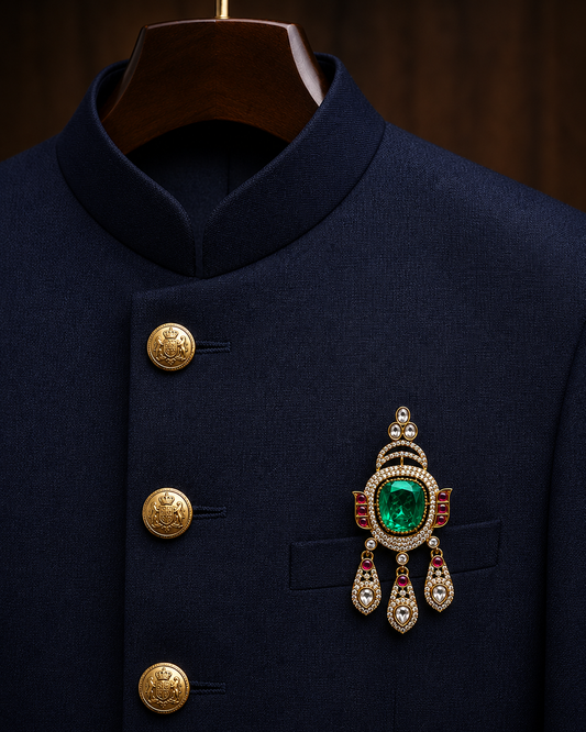 Abhigya Mens Emerald Brooch for Wedding and Festive Wear