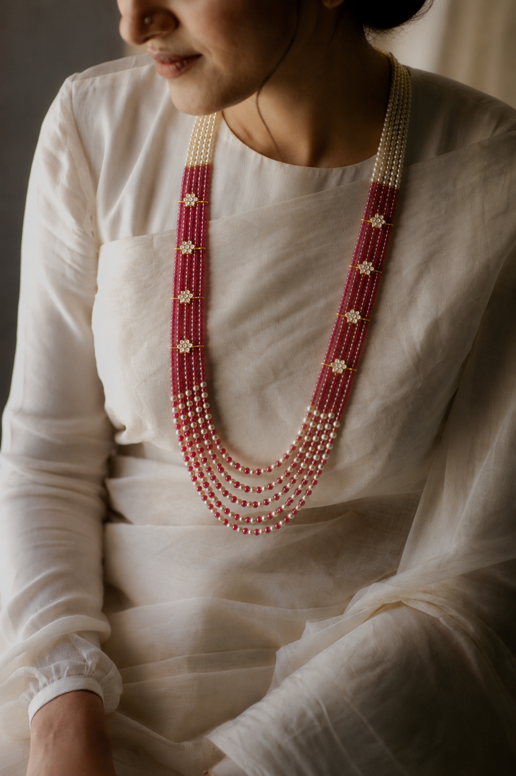 Ankura Long Bead Pearl & Amercian Diamond Mala Necklace Necklace for Women for Festive and Bridal Wear