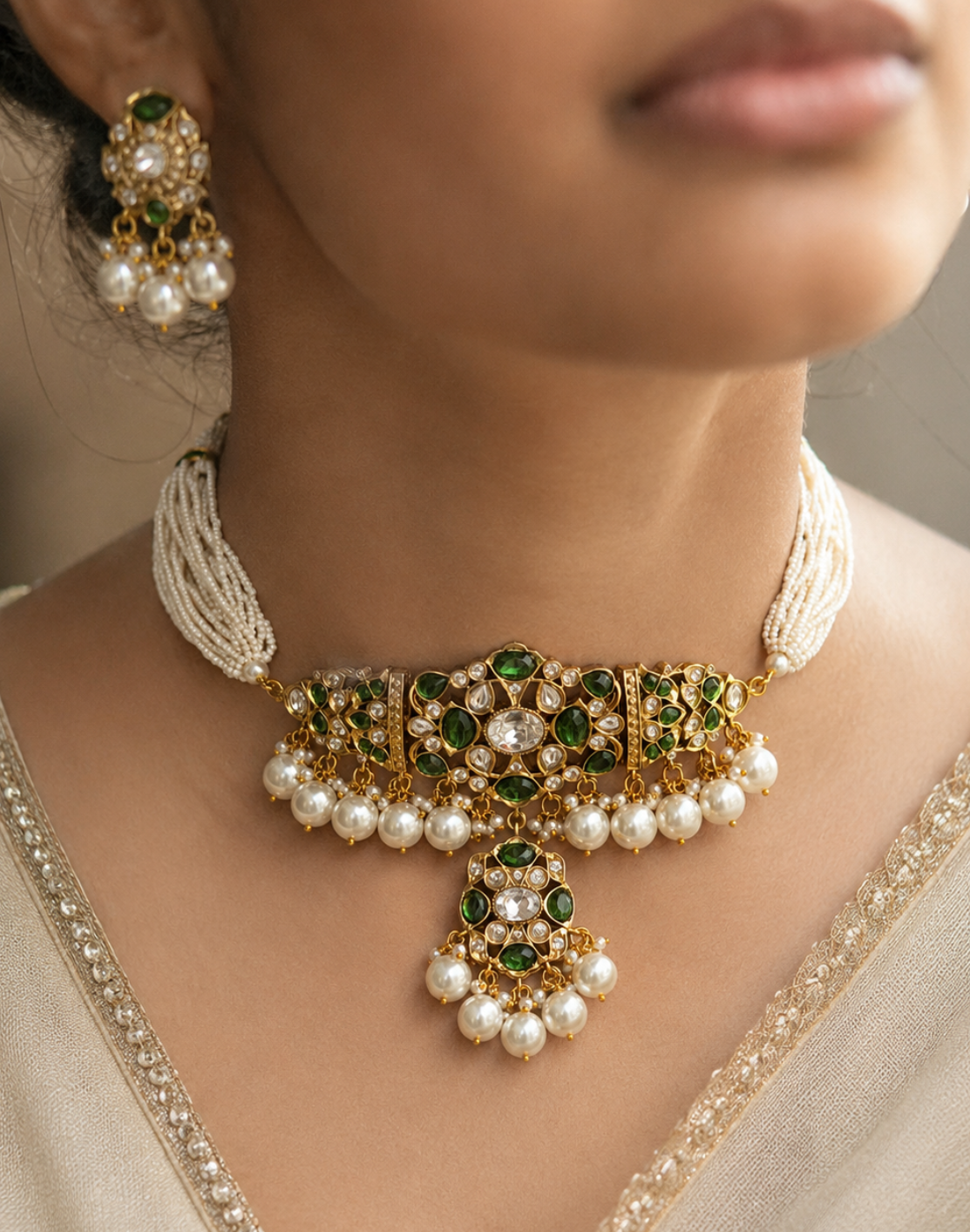 Tarulata Emerald Polki Real Looking Choker for Women for Festive and Bridal Wear