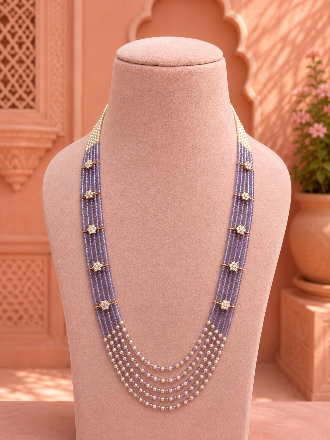 Ankura Long Bead Pearl & Amercian Diamond Mala Necklace Necklace for Women for Festive and Bridal Wear
