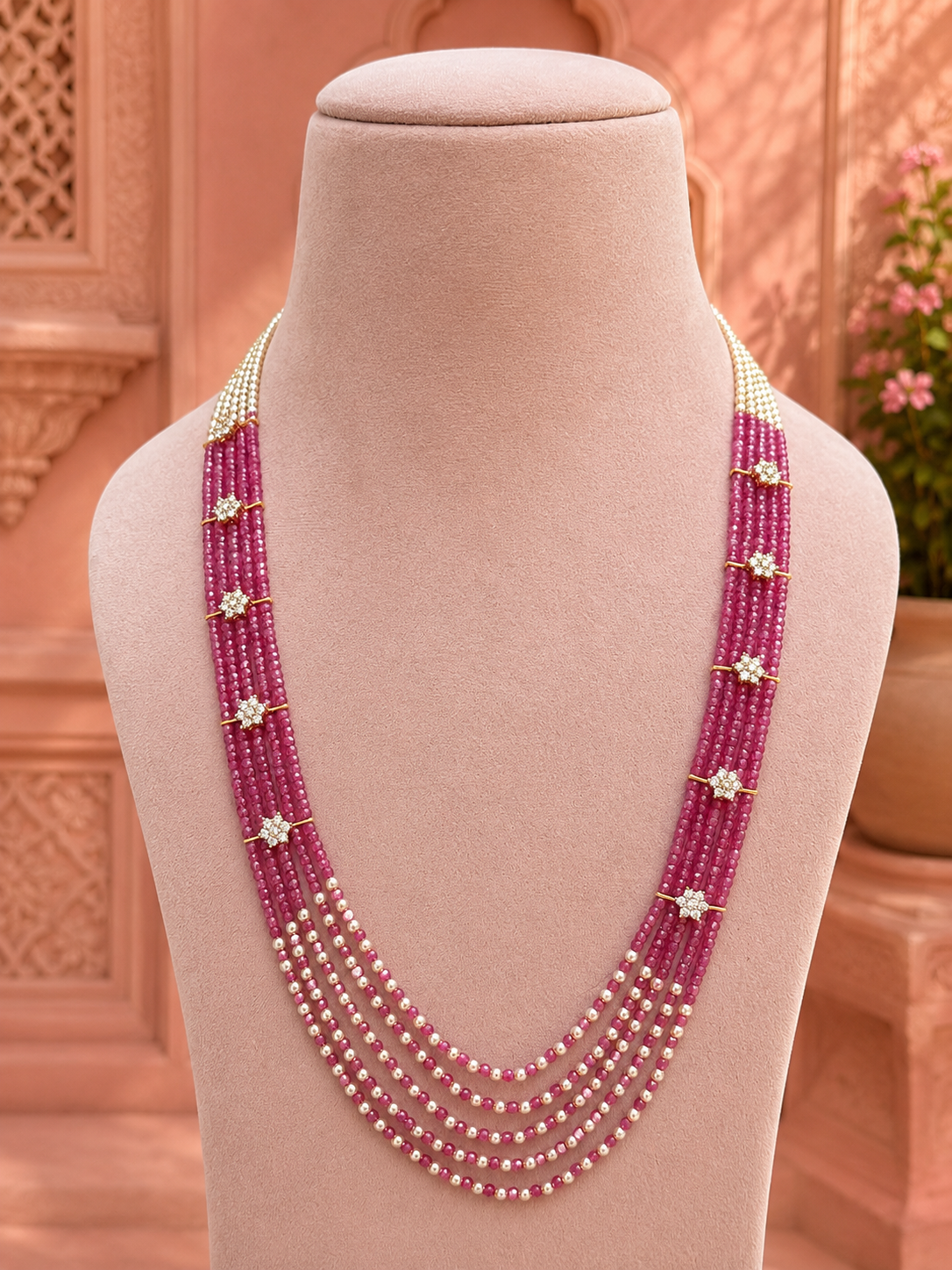 Ankura Long Bead Pearl & Amercian Diamond Mala Necklace Necklace for Women for Festive and Bridal Wear