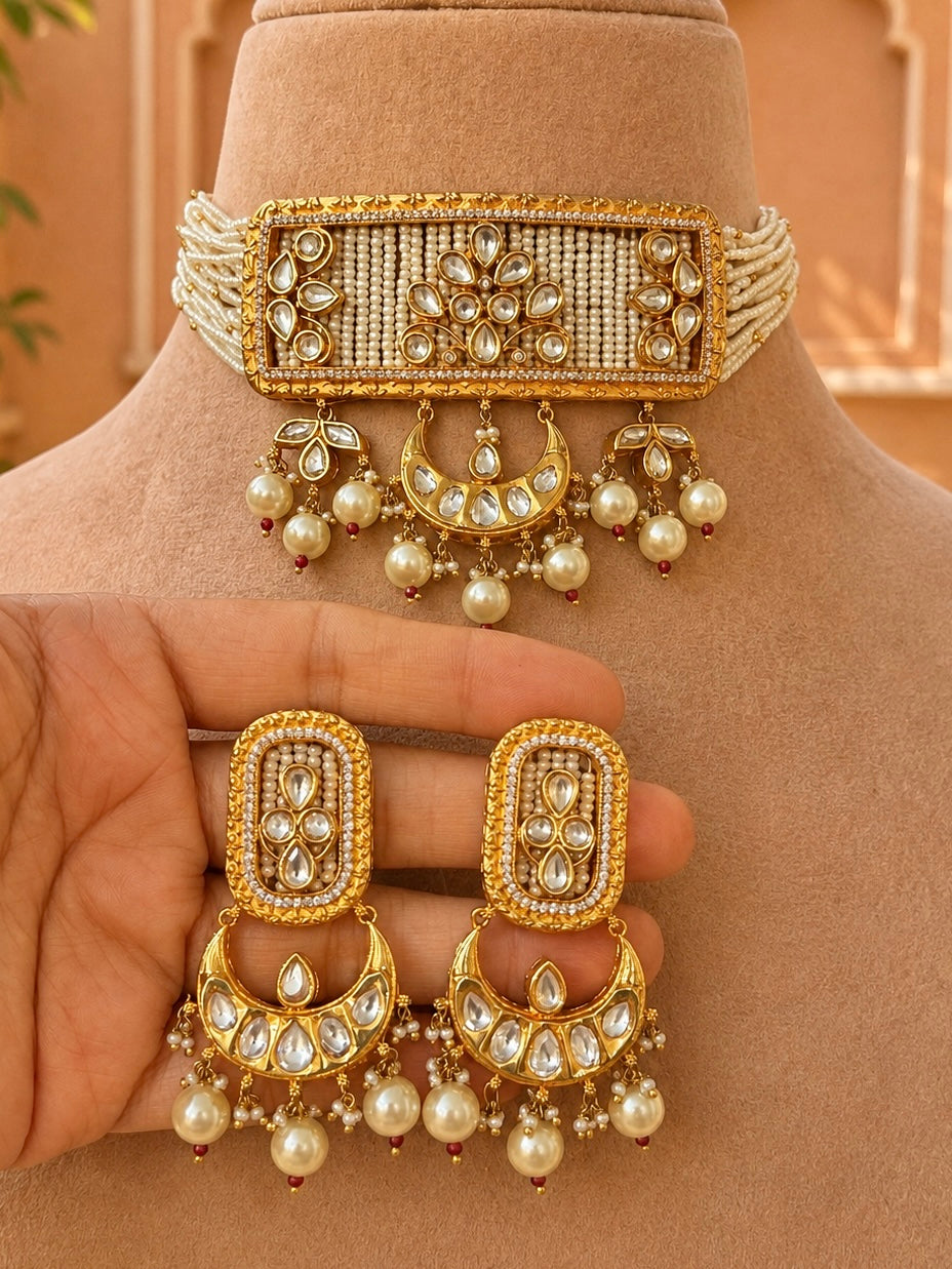 Samina Kundan Pearl Choker Aad Necklace Set