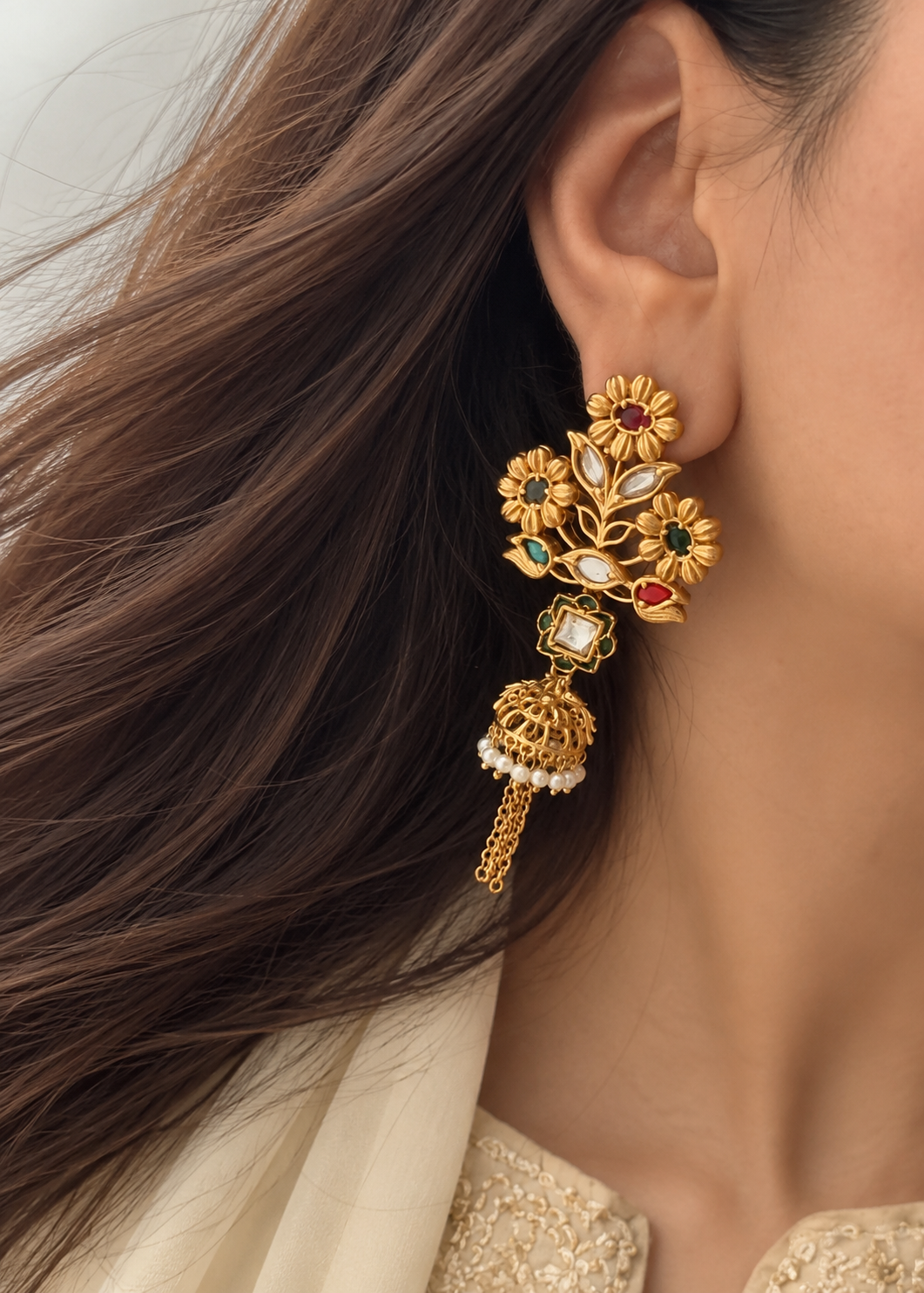 Mitali Gold Plated Floral Multi Kundan Earrings