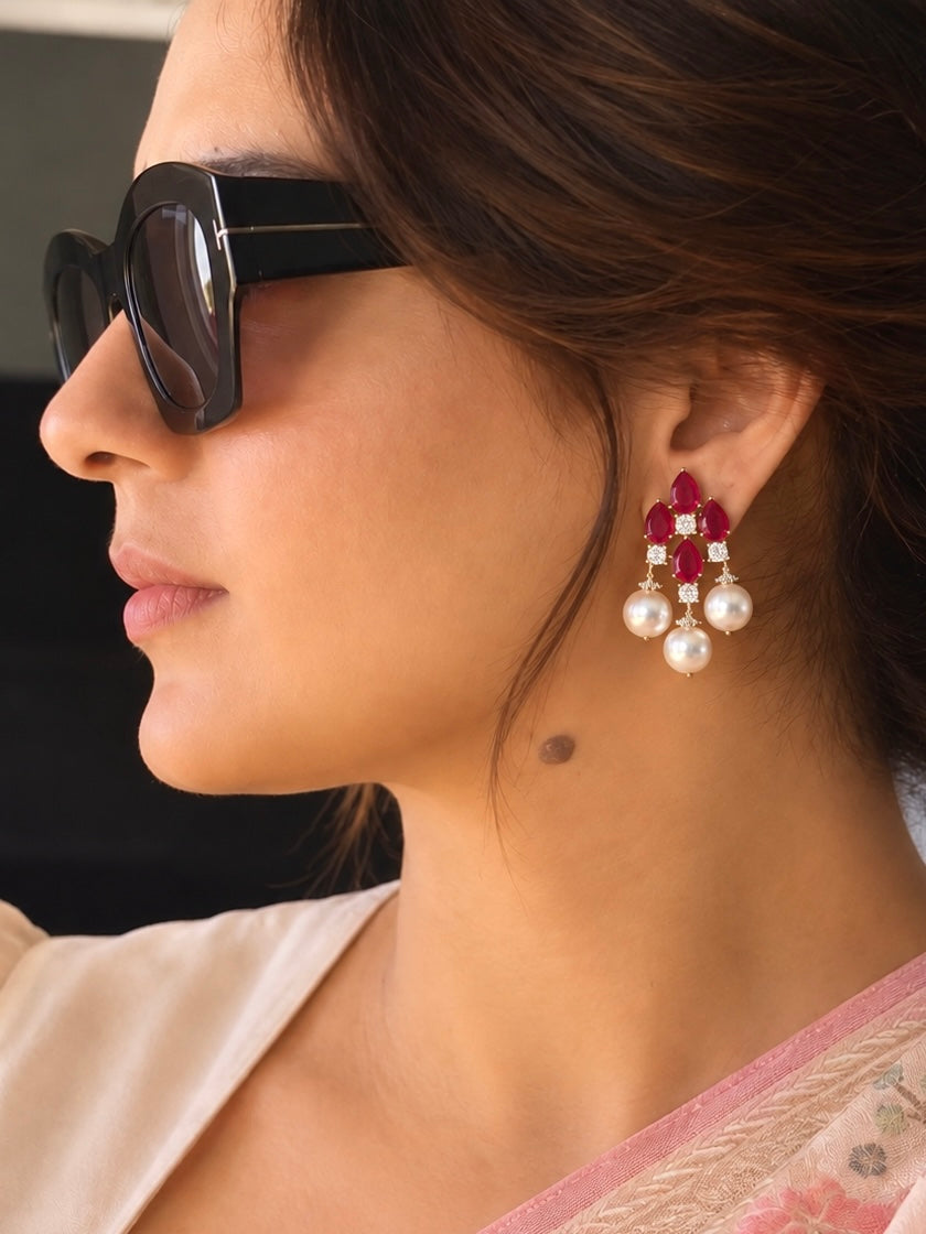 Nidhi Ruby Diamond & Pearl Drop Real Gold Look Earrings