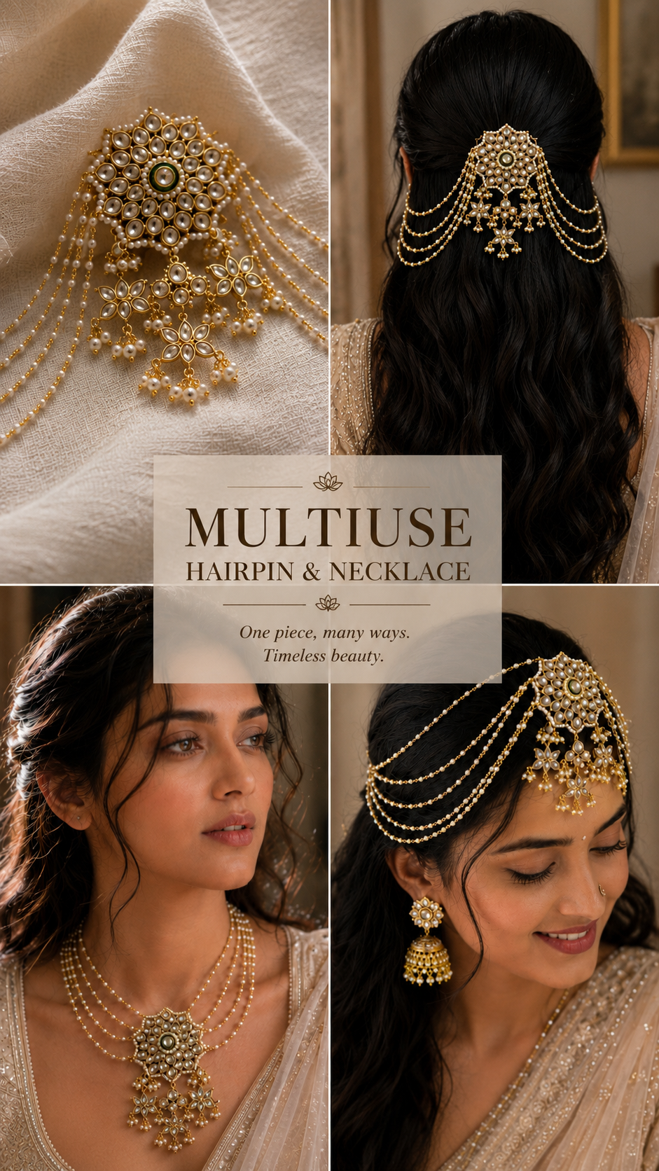 Devara Convertible Hair Clip to Necklace , multi use piece with Kundan & Pearls for Wedding & Festive Hairstyle