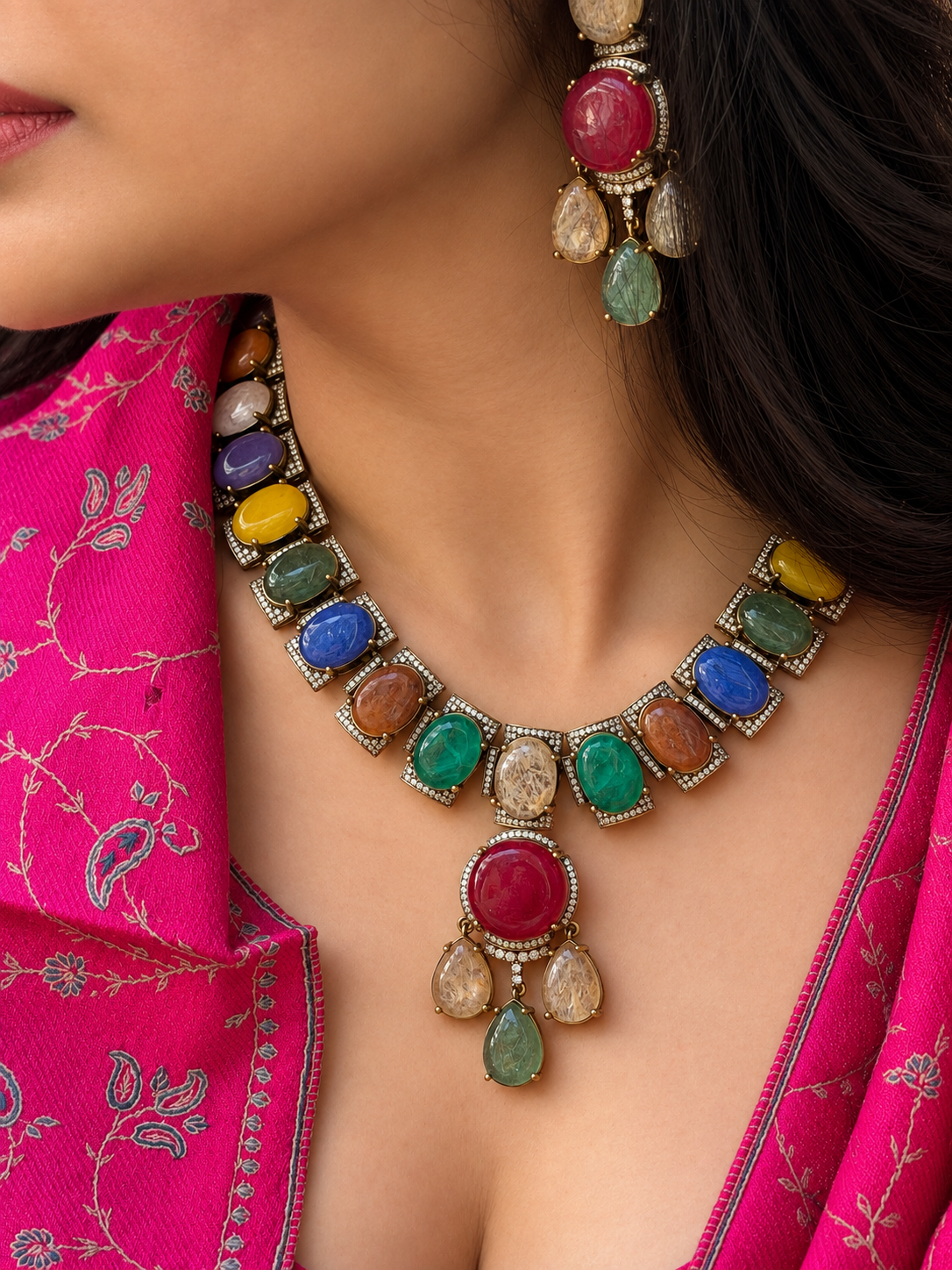 Manya Navratan Doublet Stone Necklace Set