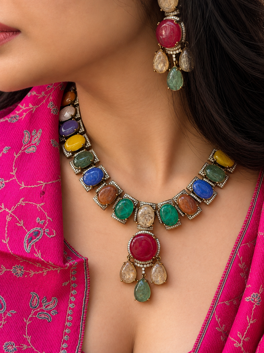 Manya Navratan Doublet Stone Necklace Set