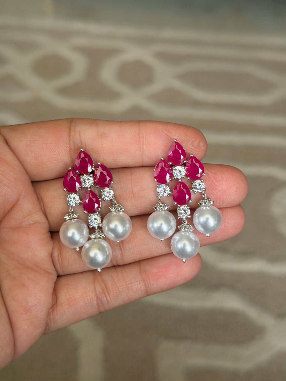 Nidhi Ruby Diamond & Pearl Drop Real Gold Look Earrings