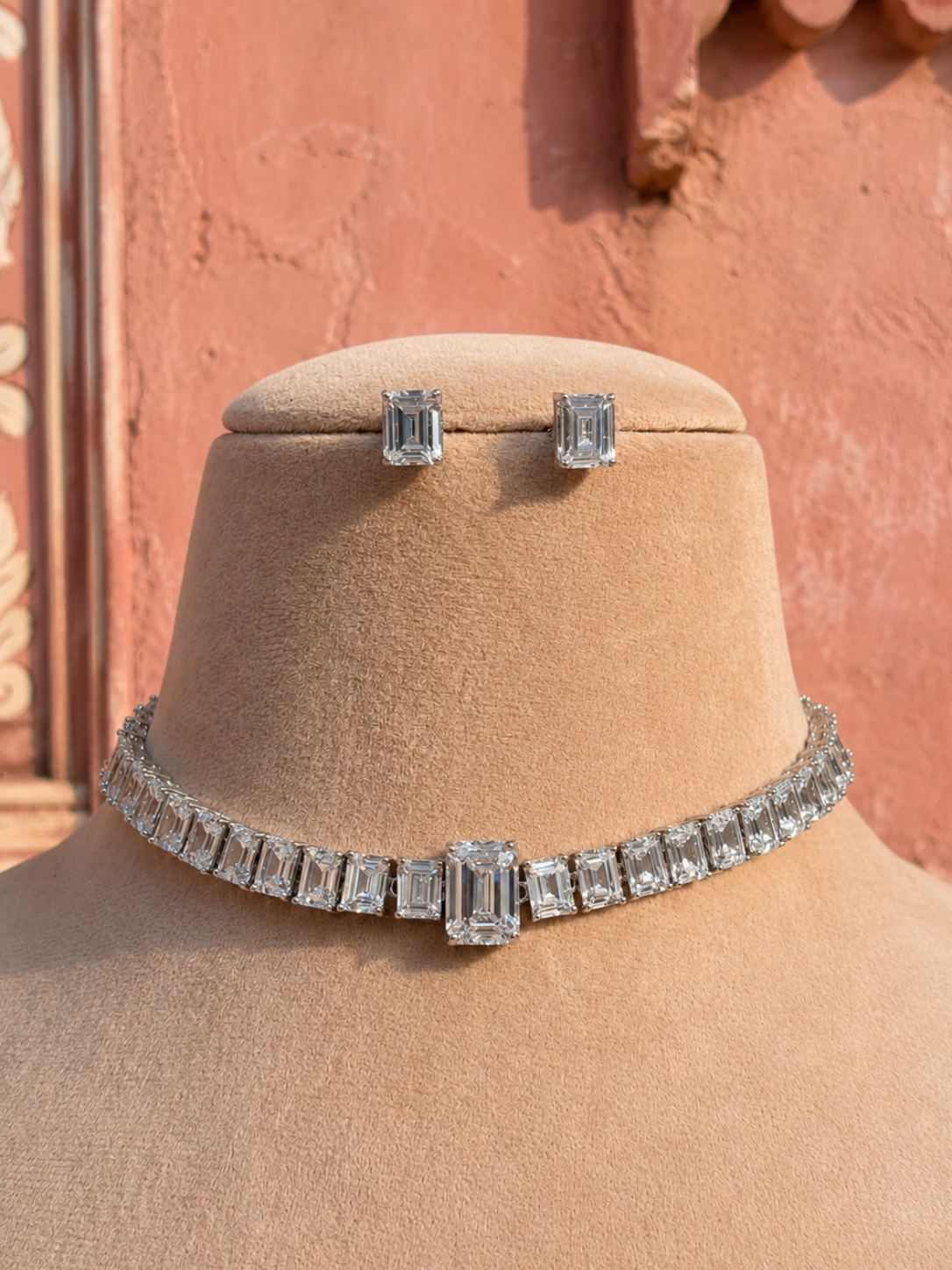Alia Minimal Diamond Choker American Diamond Choker Necklace Set for Women for Festive and Wedding Wear