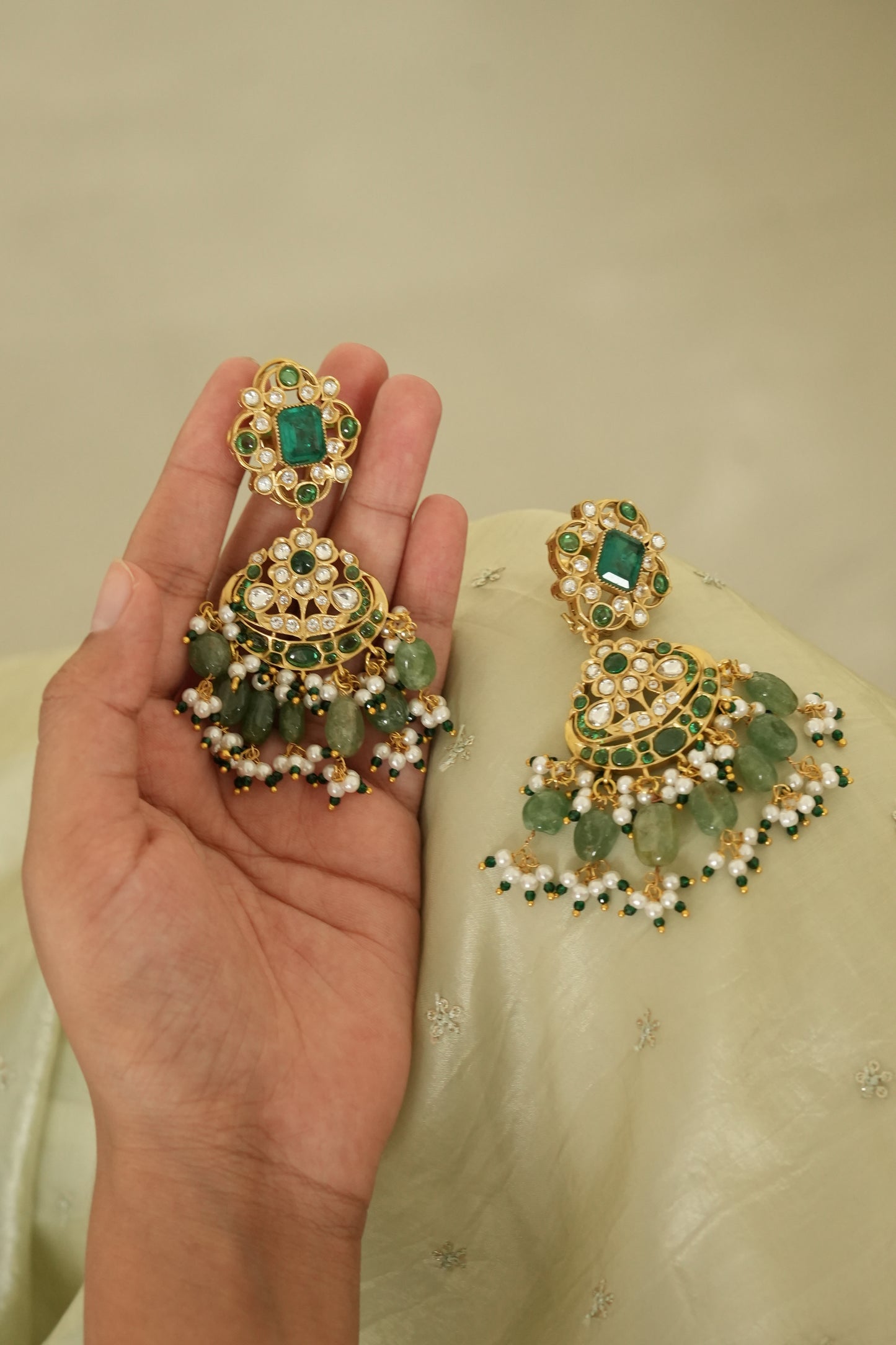 Pre Order - Sahiba Green Stone Polki and Pearl Necklace Set