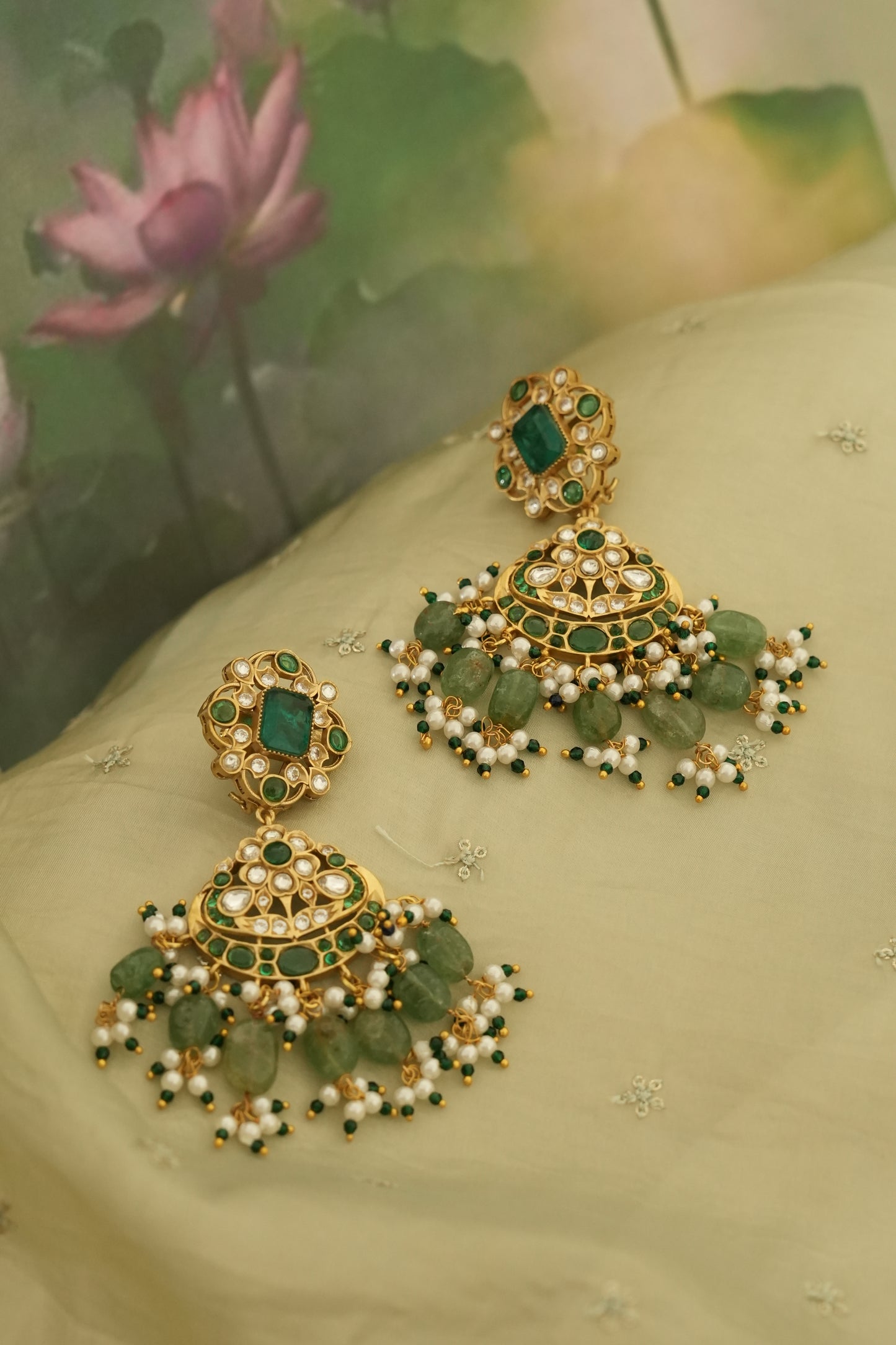 Pre Order - Sahiba Green Stone Polki and Pearl Necklace Set