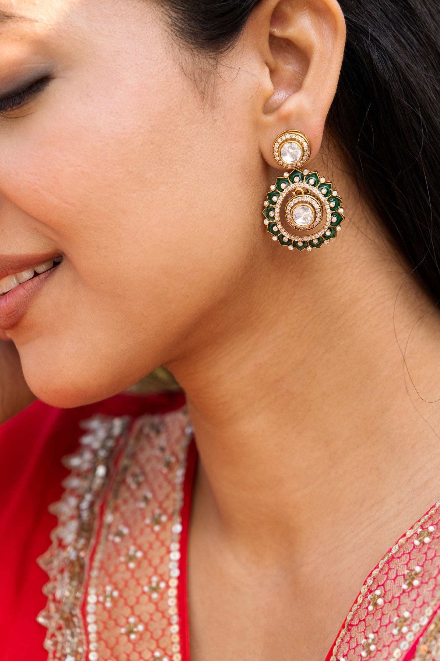 Quessa Green Enamel Polki Earrings
