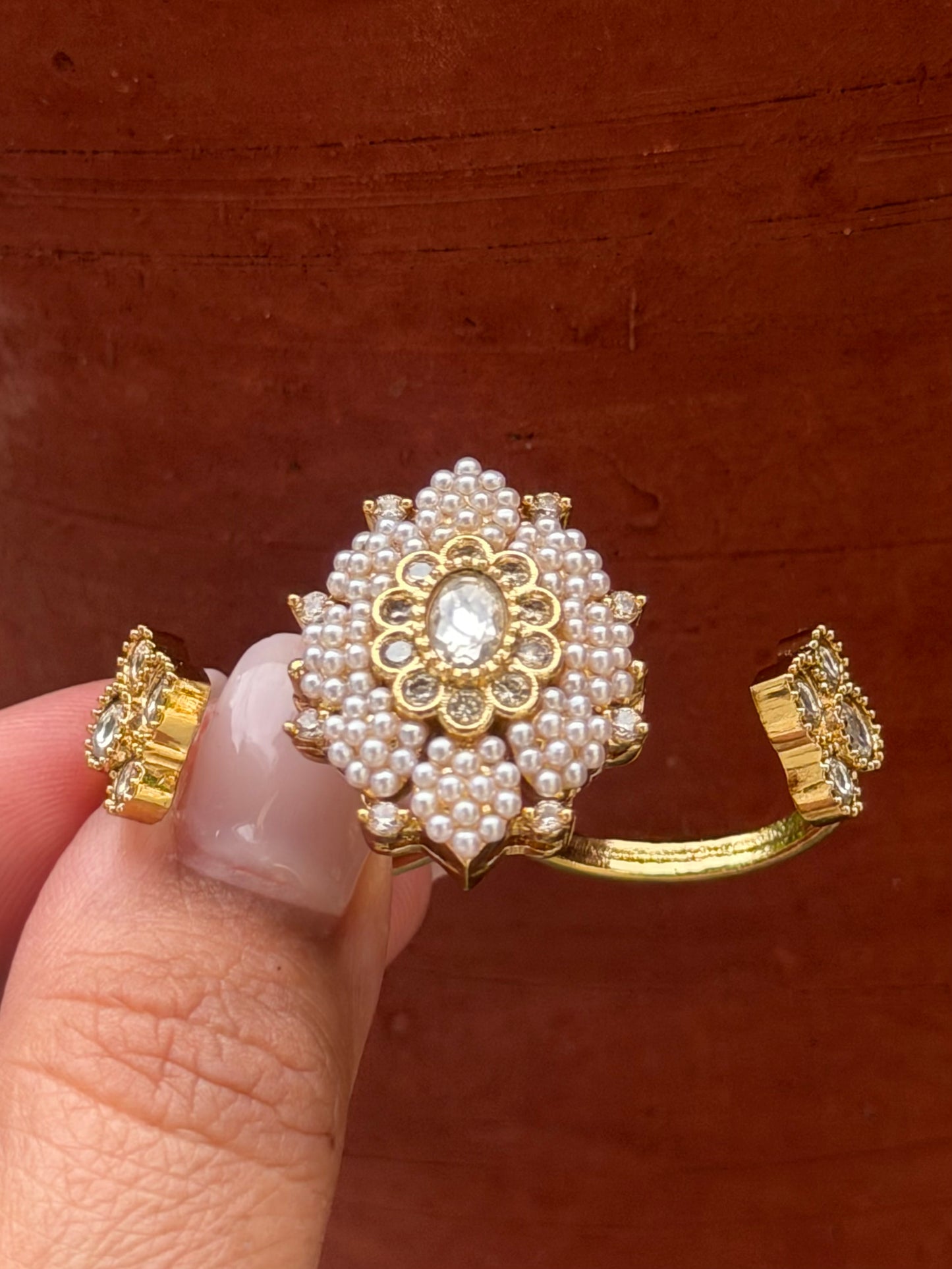 Pearl Double Adjustable Kundan Ring