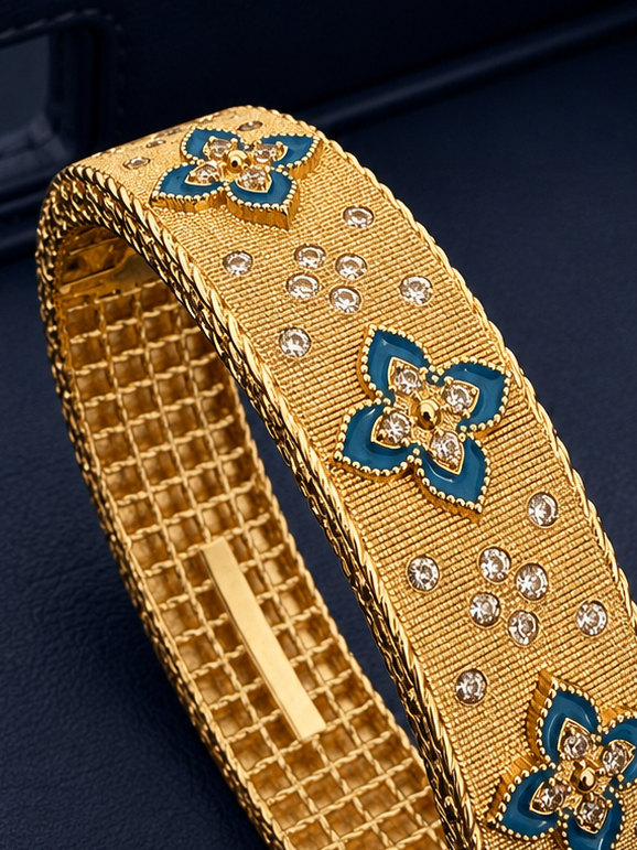 Clover Textured Gold Bangle- Blue