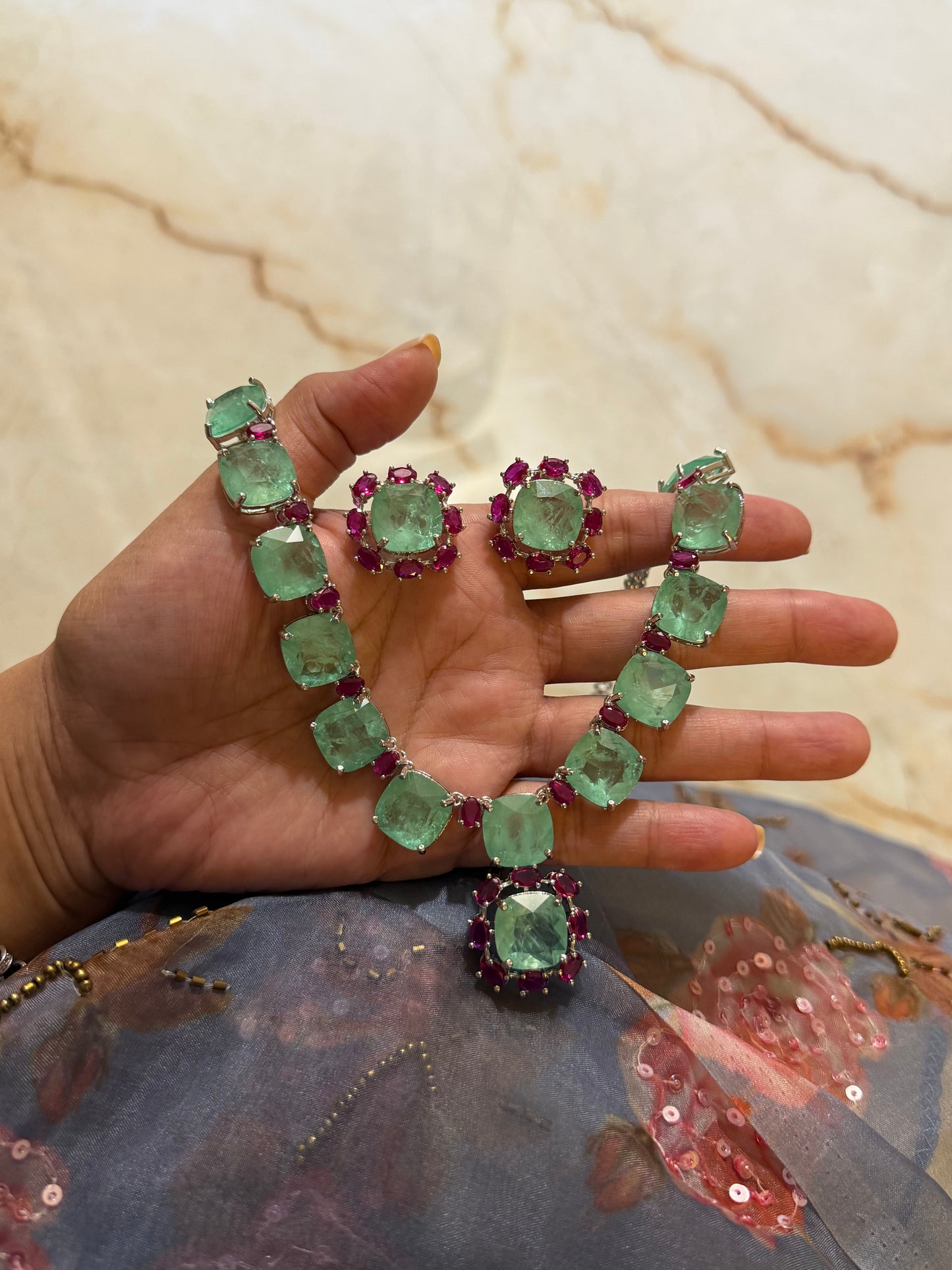Rehmat Russian Emerald Colour Necklace Set with Zircon and Ruby