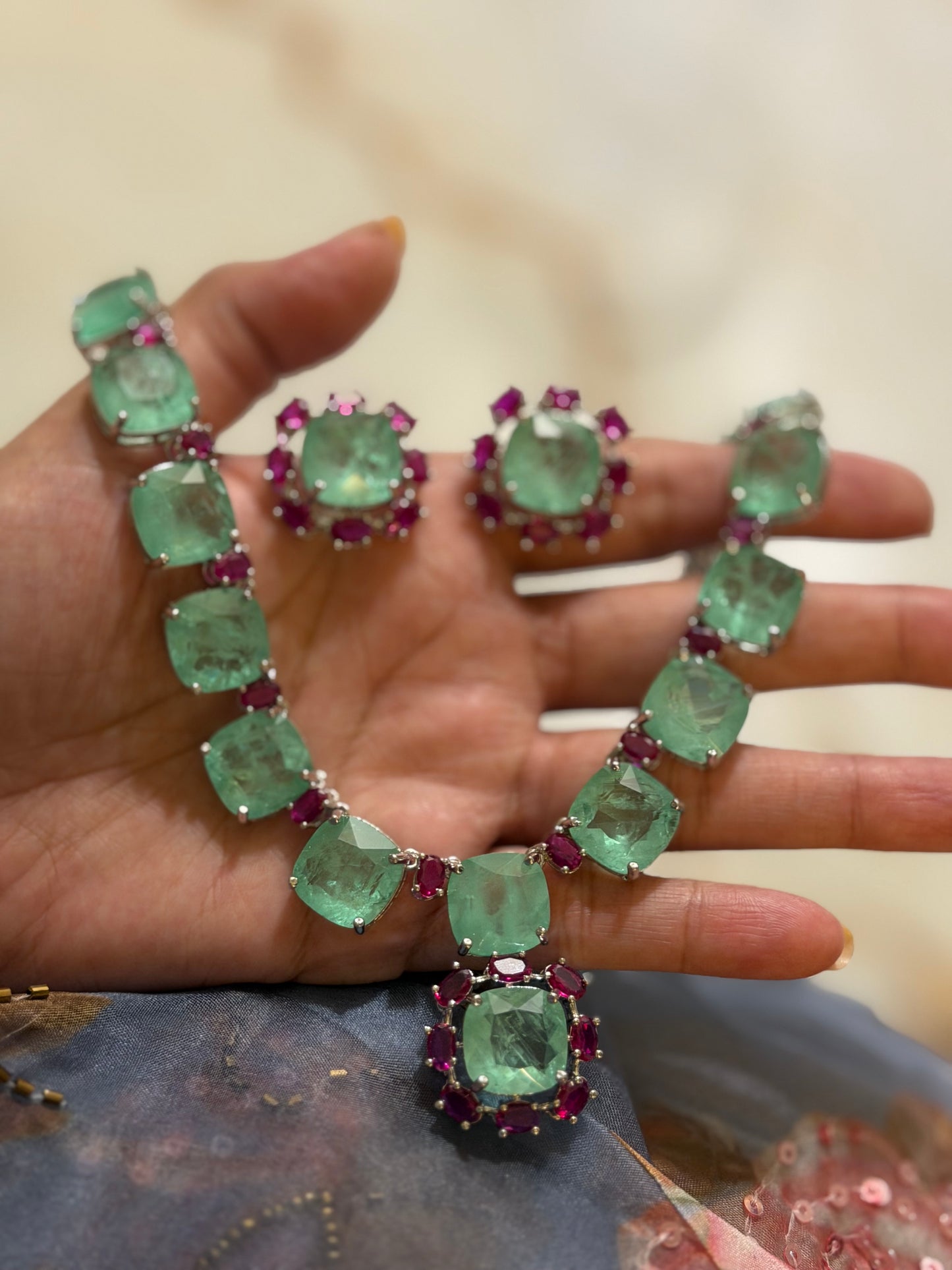 Rehmat Russian Emerald Colour Necklace Set with Zircon and Ruby