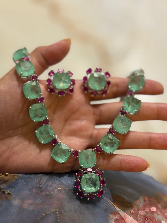 Rehmat Russian Emerald Colour Necklace Set with Zircon and Ruby