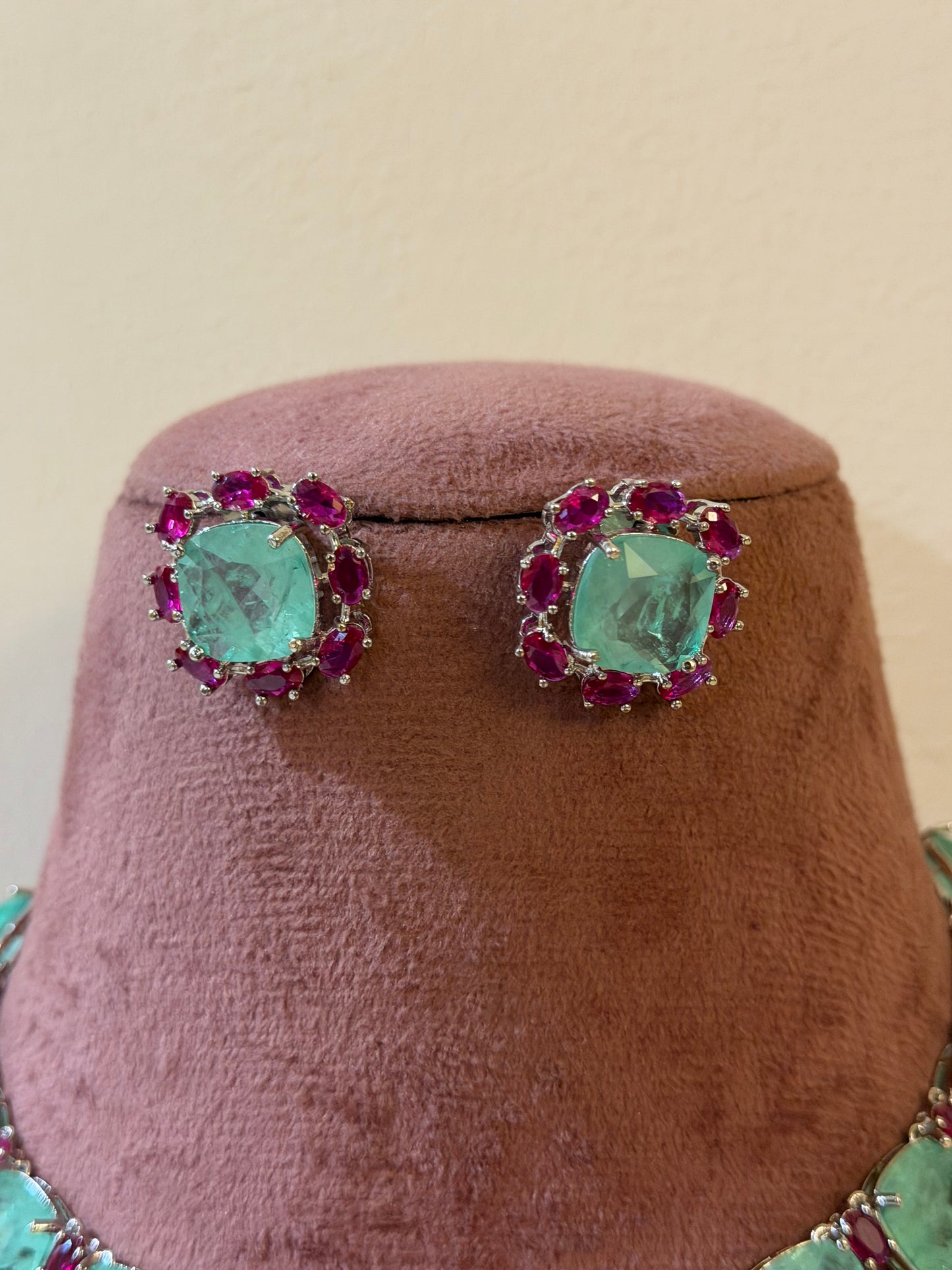 Rehmat Russian Emerald Colour Necklace Set with Zircon and Ruby