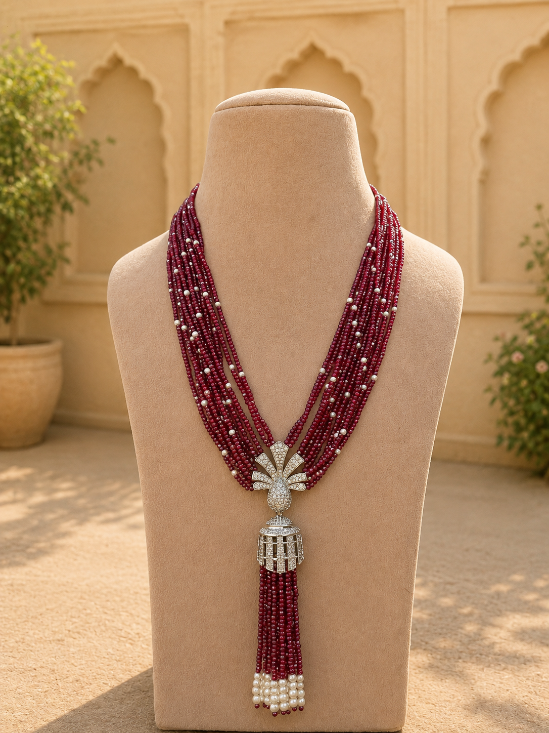 Aura Ruby Beaded Zircon Pendant Tassle Mala Necklace