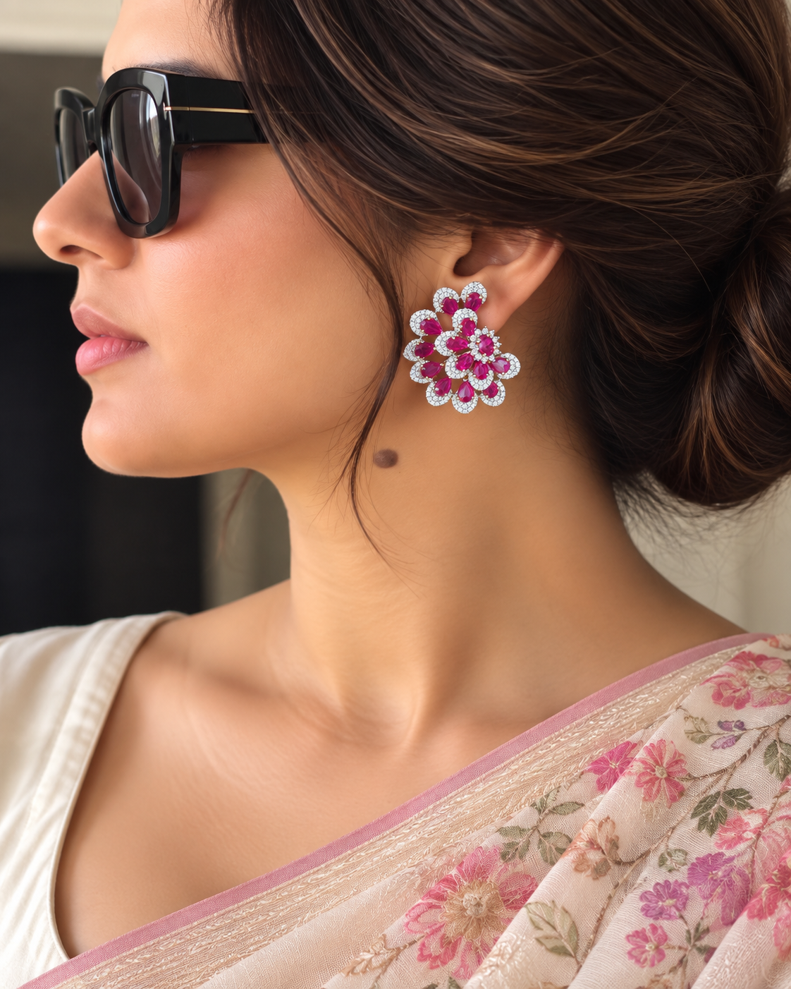 Aamra Floral Ruby Zircon Imitation Stud Earrings