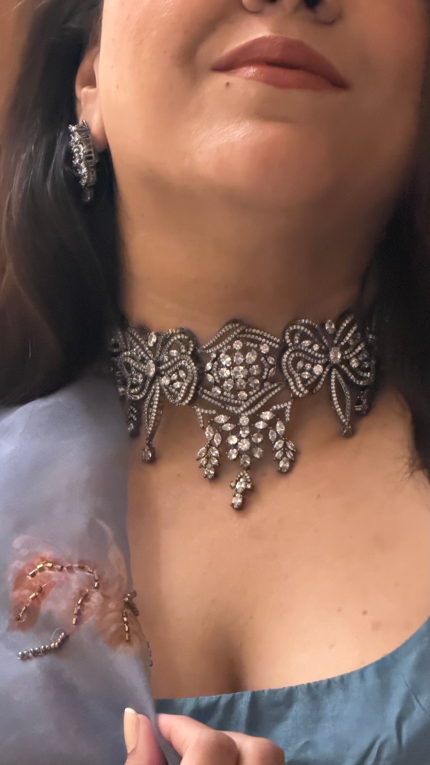 Floral Bow Victorian Diamond Necklace Set in Black Polish
