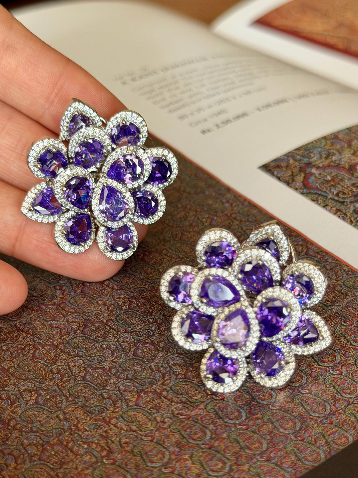 Sanya Floral Amethyst and Zircon Imitation Stud Earrings with back Clip