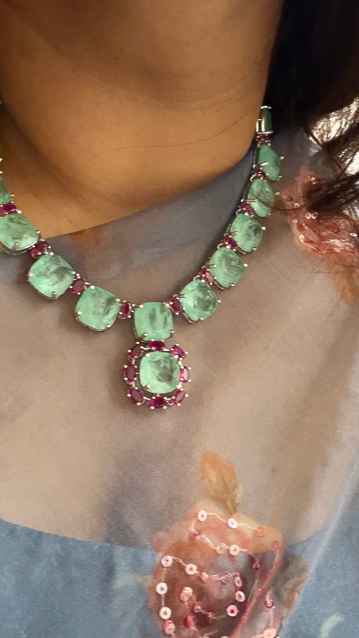 Rehmat Russian Emerald Colour Necklace Set with Zircon and Ruby