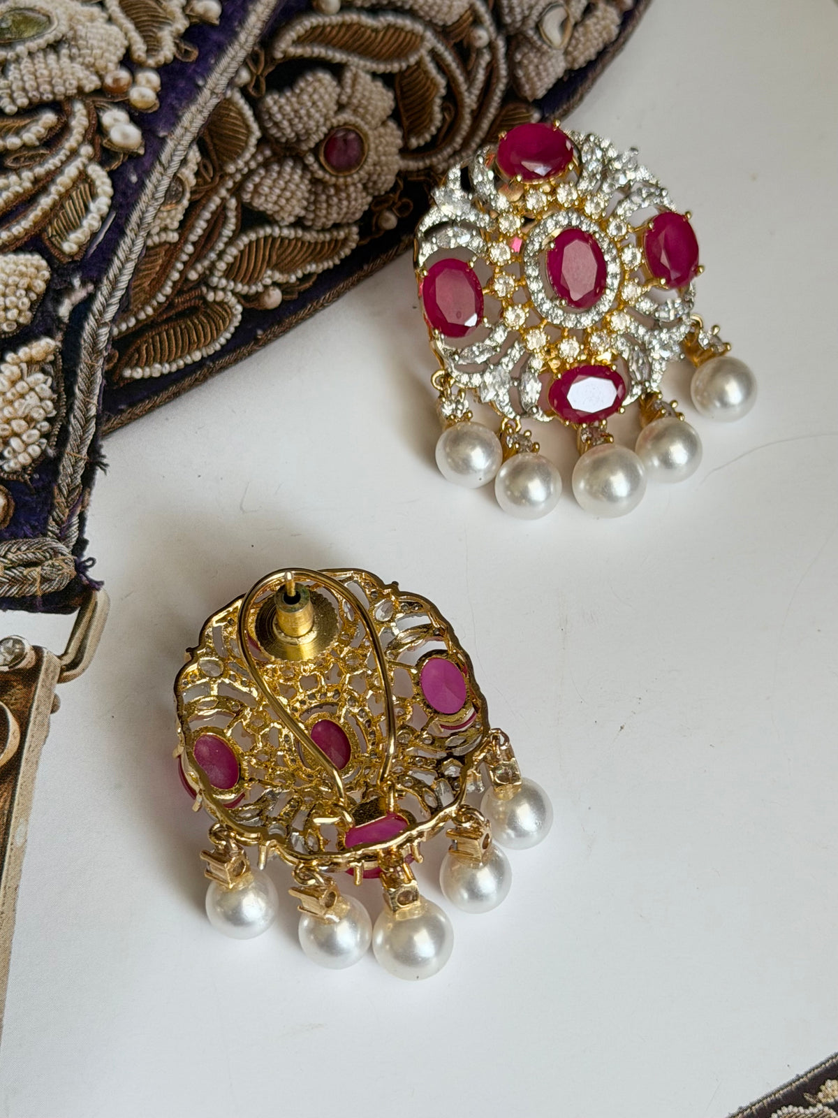 Vanya Faux Ruby Diamond Two Tone Stud Earrings with Back Clips