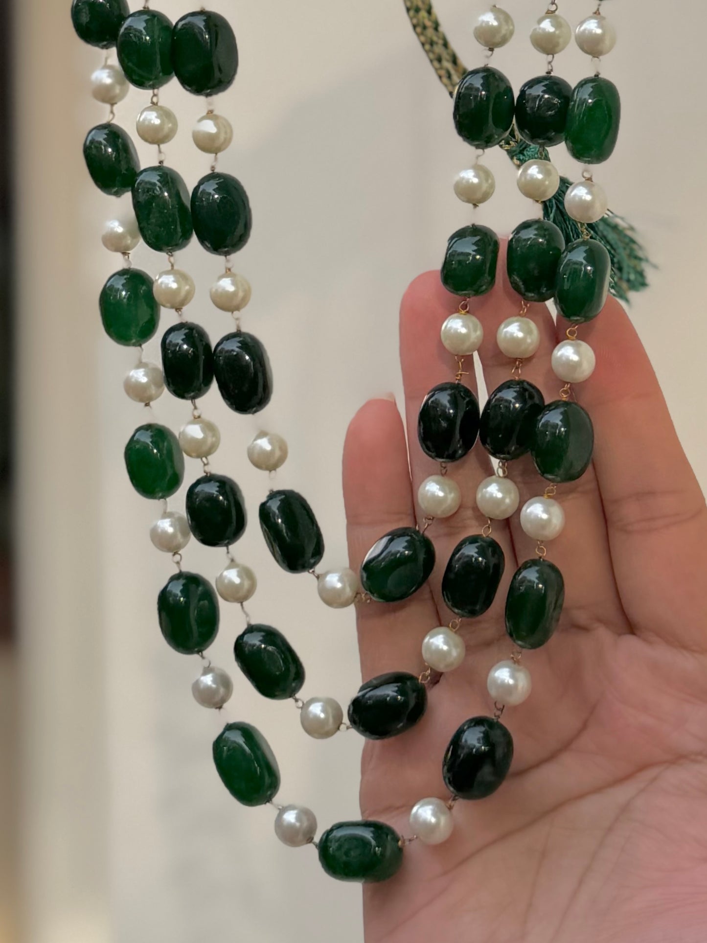 Satlaj Green Onyx and Pearl Mala Necklace