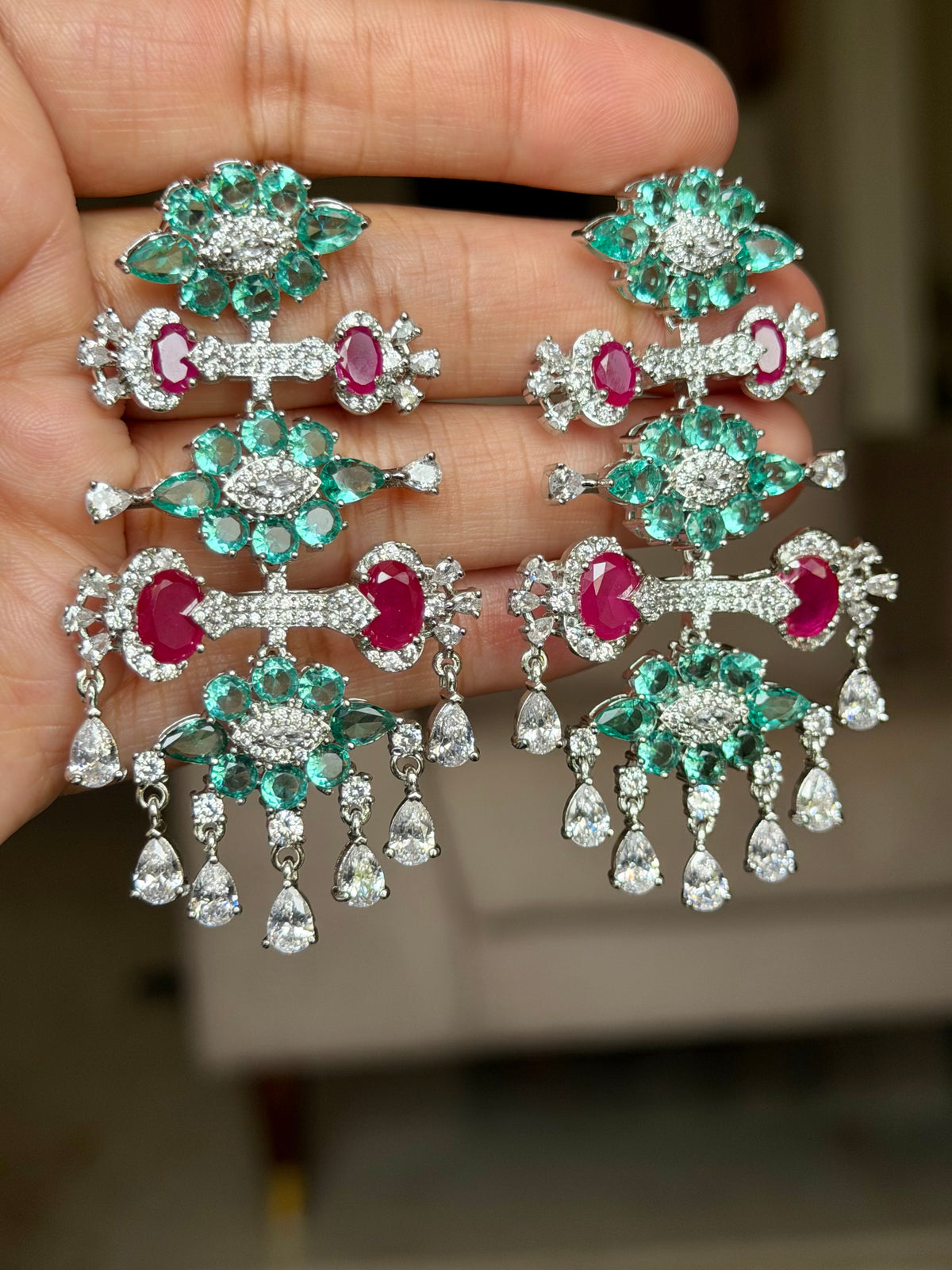 Sahana faux Aqua Green Pariba Earrings with Ruby and Zircon