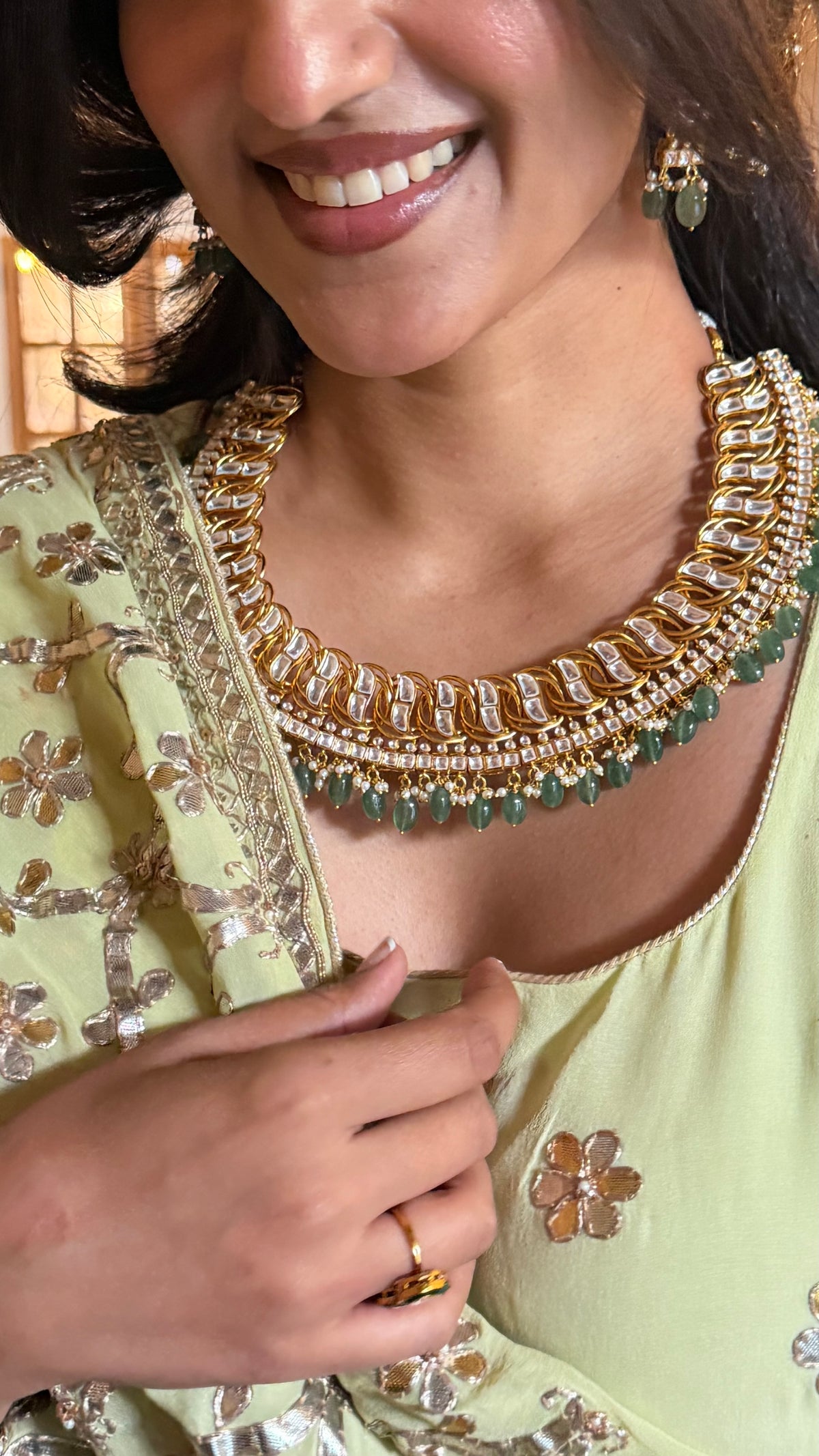 Isha Heirloom Gold Link Polki Necklace Set