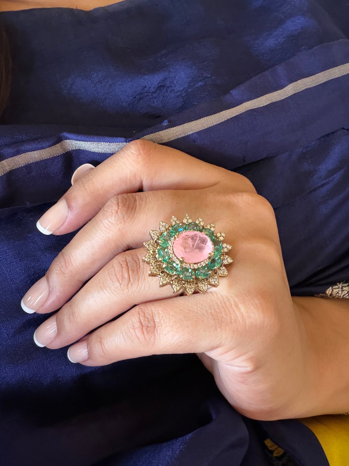 Saleena Multicolour Flower Baby Pink & Mint Ring for women in Dull Gold Polish