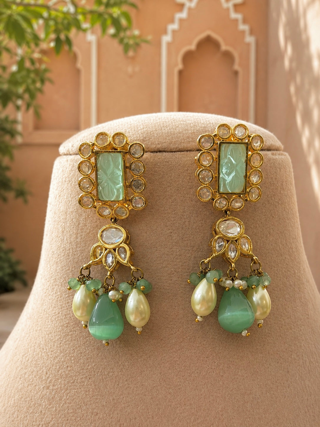 Sarla Long Green Bead Kundan Necklace Set