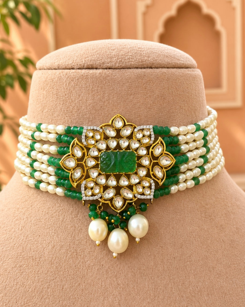 Artharvi Kundan Jade Green Choker Necklace Set