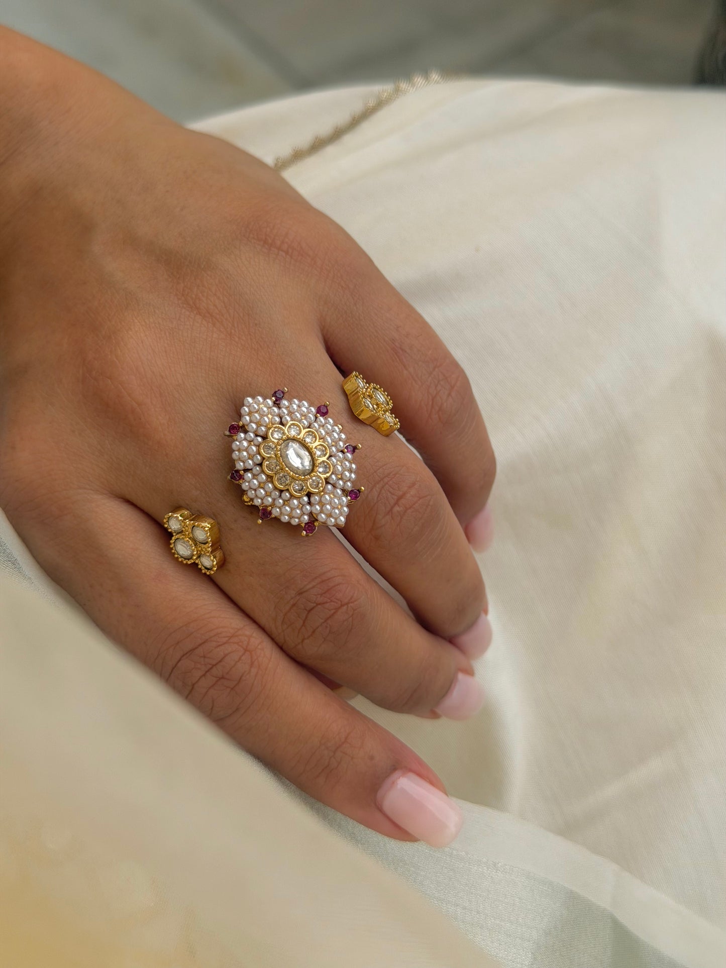Amreen Ruby Pearl & Kundan Double Finger Adjustable Ring