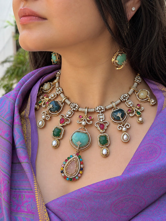Nurvi Turquoise Multi Fusion Doublet Zircon Necklace Set