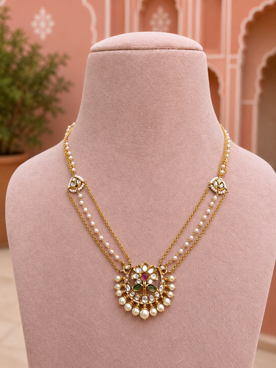Kanchi Long Kundan Floral Necklace for Women