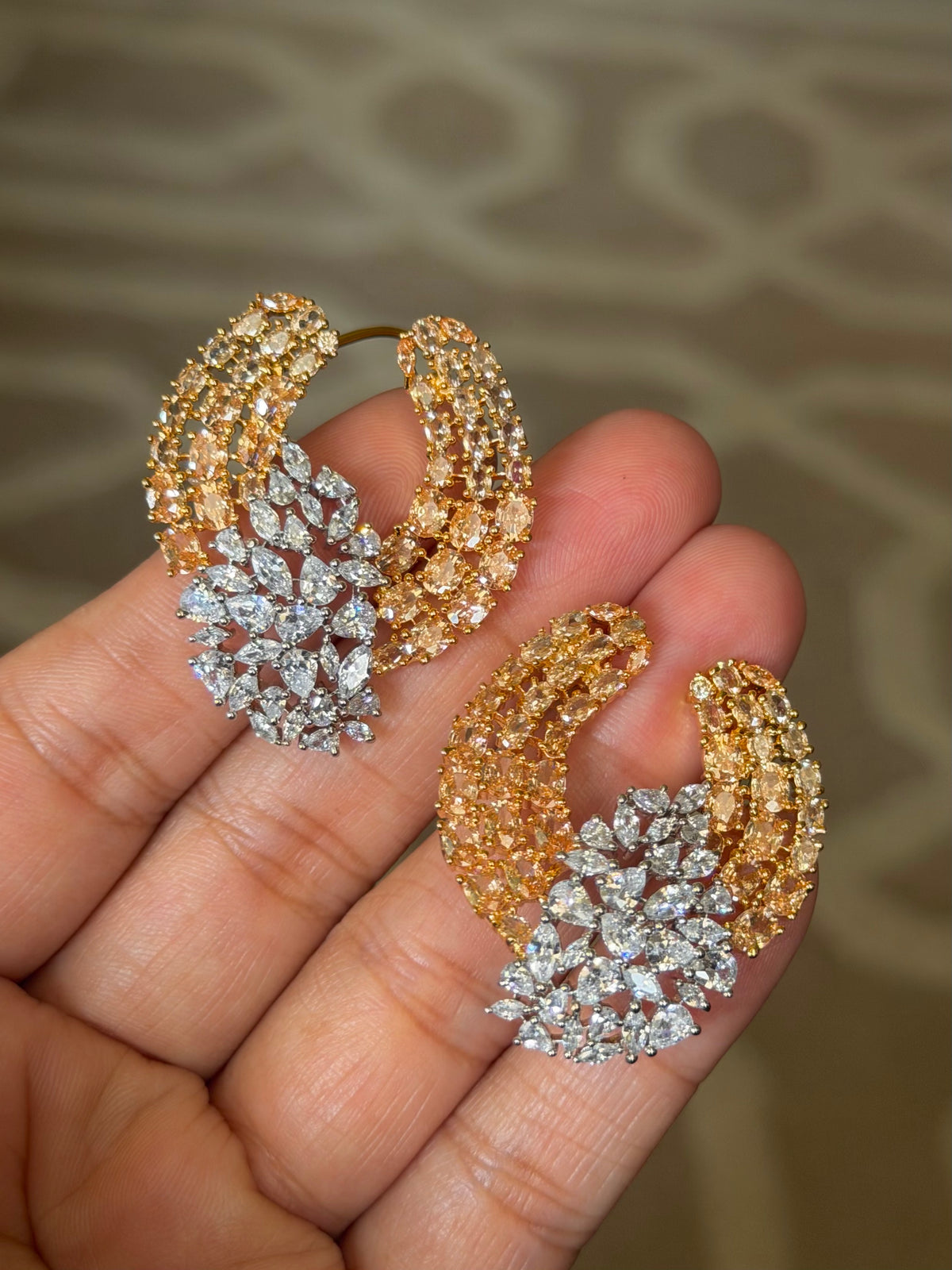 Pihu Real Look Champagne Zircon Front Back Earrings with Ear Clips
